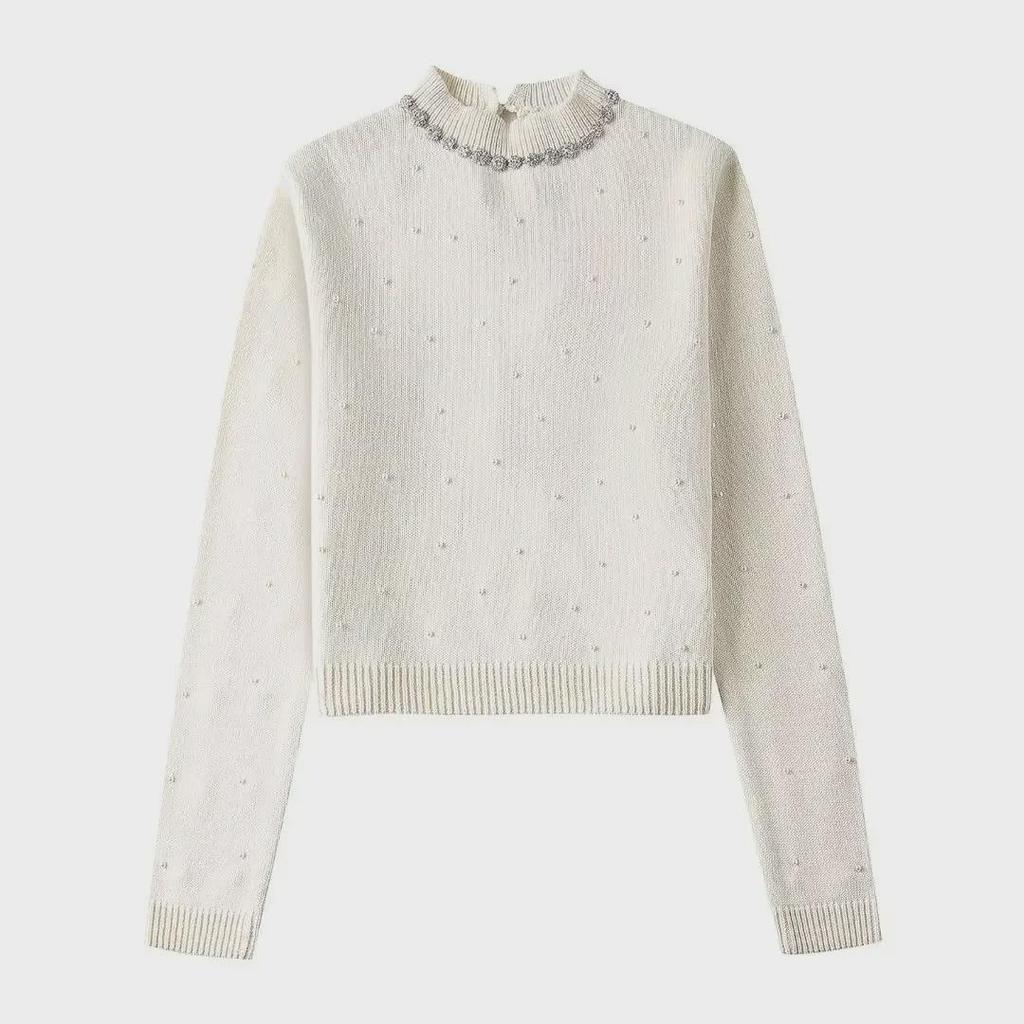 2024 Spring Women's Fashion Round Neck Sweater with Pearl Decor
