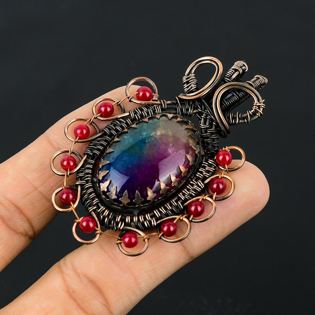 Rainbow Solar Quartz, Garnet Copper Wire Wrap Pendant 2.76" J2y99