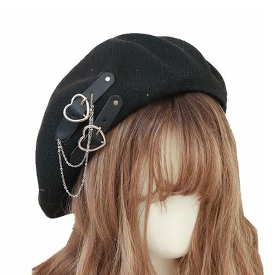 Japanese Beret Harajuku Y2K Fashion Lolita Hat JK Hat Girl Beret Cute PU Chain Heart Love Wool Kawaii Women Hat Accessories