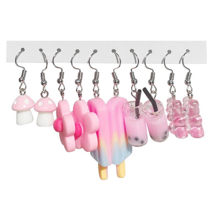 5pcs Fruit Candy Hoop Earrings Set for Women Cute Cartoon Pendant Piercing Ear Stud Drop Dangle Earring 2024 Jewelry Accessories