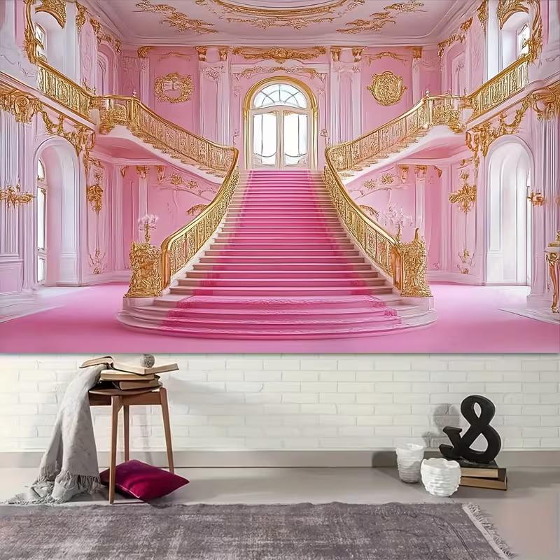 Sfondo 2D Fantasioso di una Villa Rosa con Dettagli Dorati e Scale per Programmi TV, Poster e Decorazione della Stanza