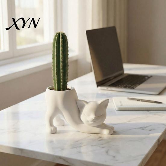 Cute Cat Home Decor 3D Printed Stretching Planter Pot, Kitty Succulents Creative Minimalist Cream Animal Flowerpot, Lovely Kitten Plant Pot for Office