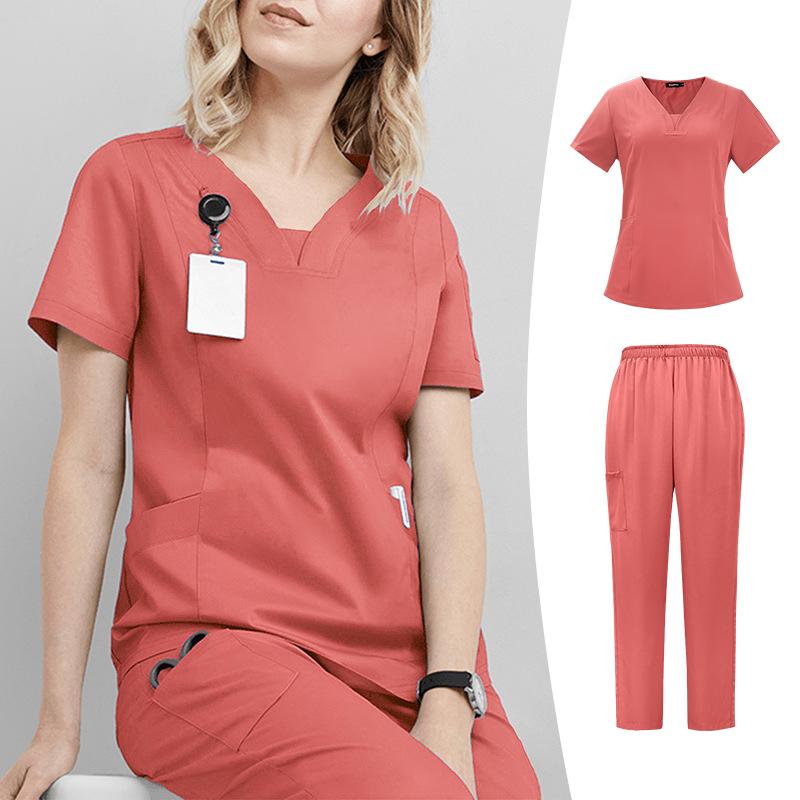 Women Nurse Uniform Two-piece Set Summer Elastic Quick-drying Thin Section V-neck Short-sleeved + Straight Trousers Hand-washing Clothes