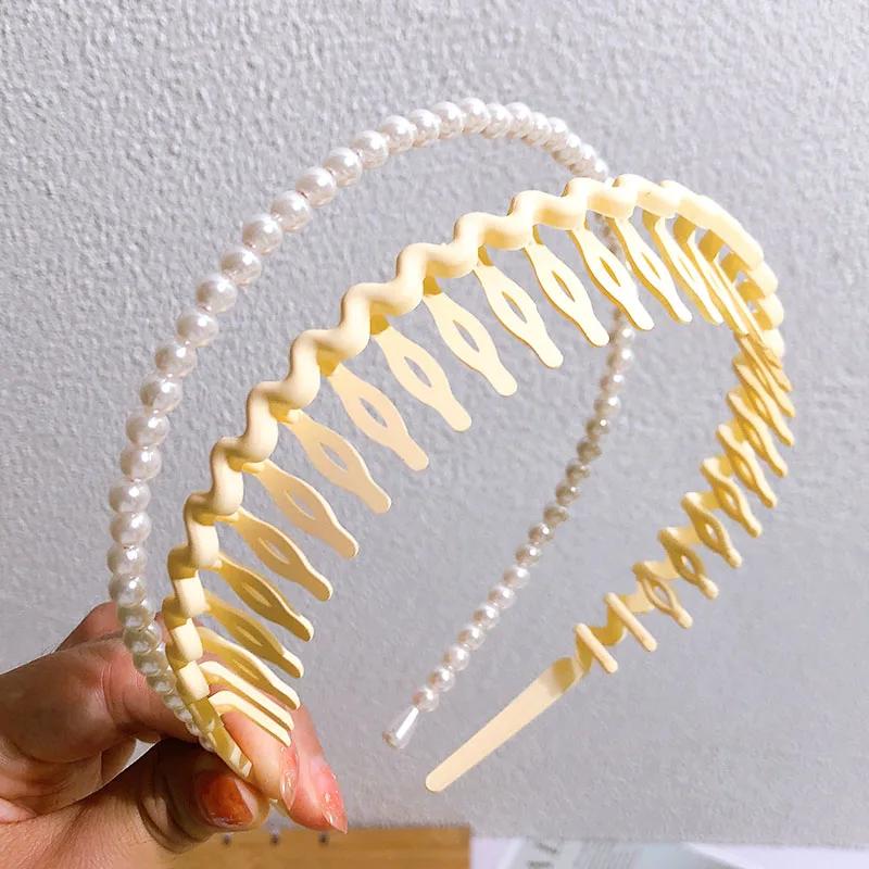

2pcs/set Acrylic Imitation Pearl Hairband For Women Girl Hair Accessories Toothed Combs Non-slip Headband Solid Color Hair Bands