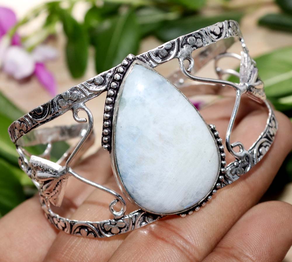 Huge Rainbow Moonstone 925 Silver Plated Bangle 6.5" Elegant Gift Design q7H54