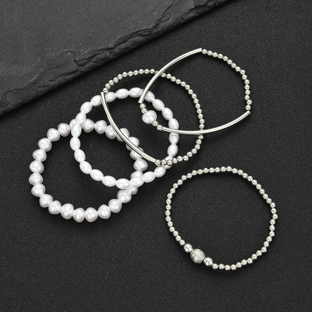 5pcs Simple Beaded Pearl Design Bracelet Set For Women Vintage Silver Color Charm Bangles Holiday Date Daily Party Jewelry Gifts