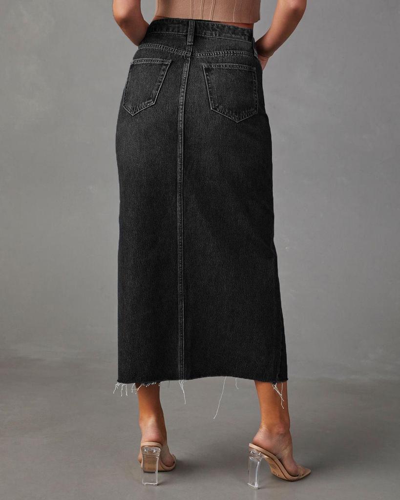 2024 Women's High Waist Washed Denim A-line Midi Skirt In European and American Style