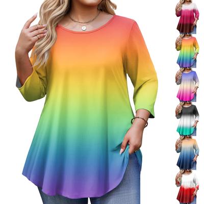 Ladies' Gradient Printed Plus Size 3/4 Sleeve Curved Hem Round Neck Fashionable Top