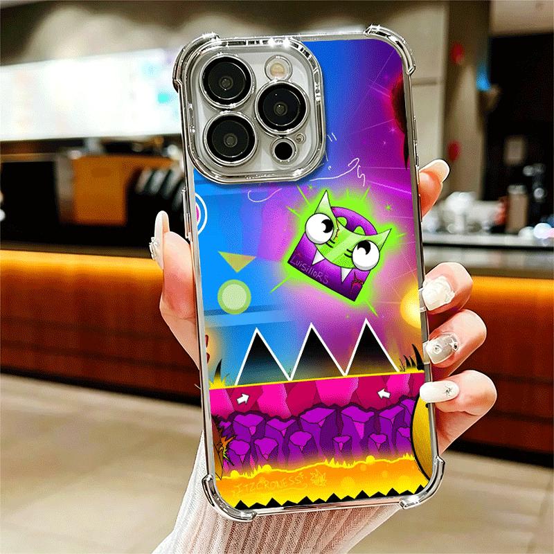 Geometry Dash Game Plating Phone Case For Iphone 16 17 Pro Max Air 16E 14 15 Plus 12 13 Mini Anti-Fall Airabag Cover
