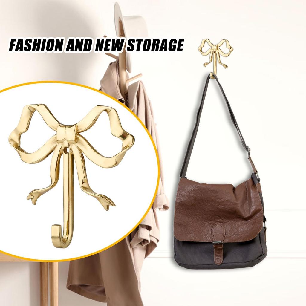 Bow Wall Hooks, 2.64x2.6 Inch Decorative Knot Brass Purse Hanger Holder Coat Rack Wall Mount Gold Vintage Multi-Purpose for Bathroom Hanging Coats