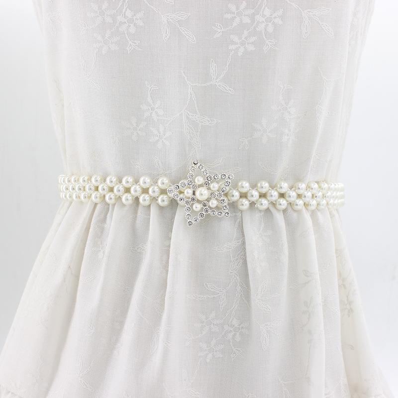 Korean Version of Women's Rhinestone Pearl Waist Chain Fashion Dress Decorative Elastic Waist Belt Women's Sweet Flower Elastic Waist Seal