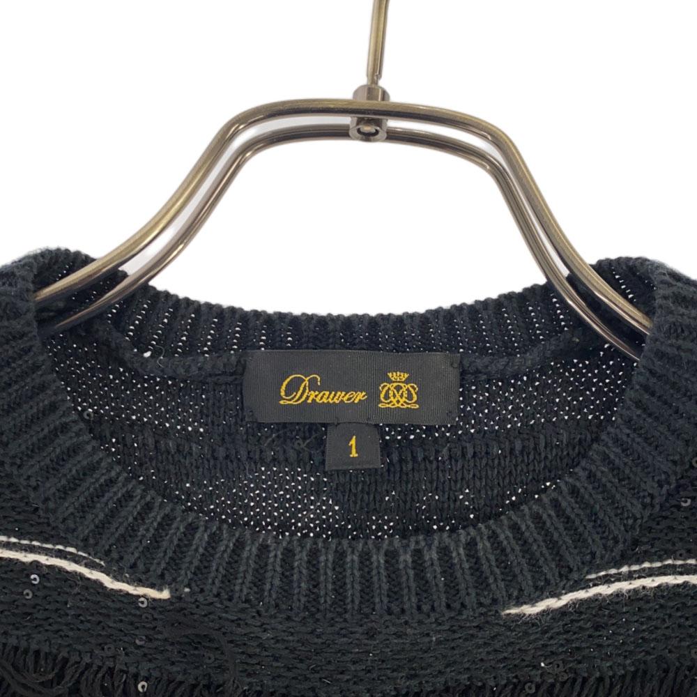 Drawer Border Short Sleeve Fringe Knit 1 Black Cut Women Used