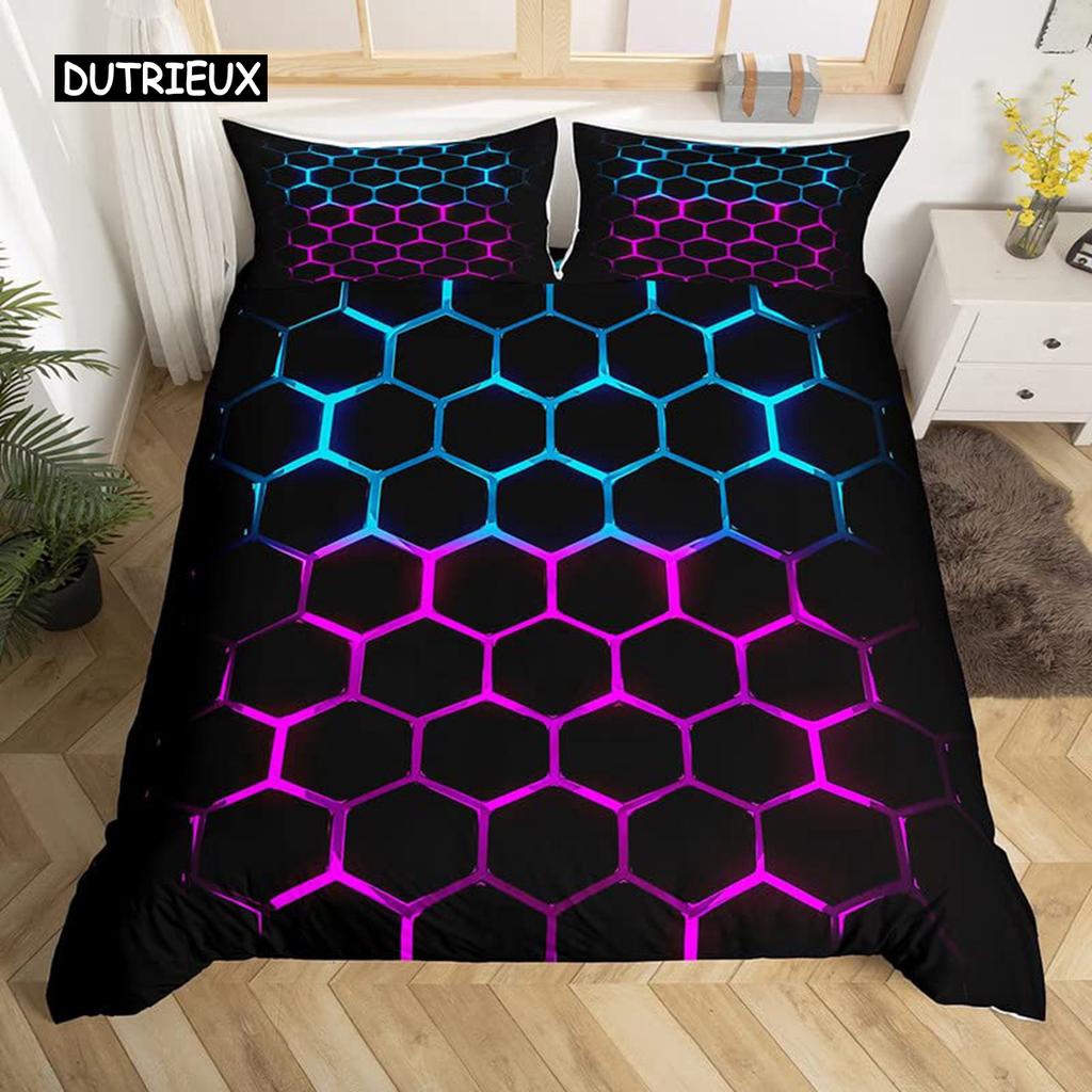 Honeycomb Duvet Cover Set Queen Size Geometry Hexagon Theme with Pink Blue Neon Lights Chic Comforter Cover for Boys Teen Man