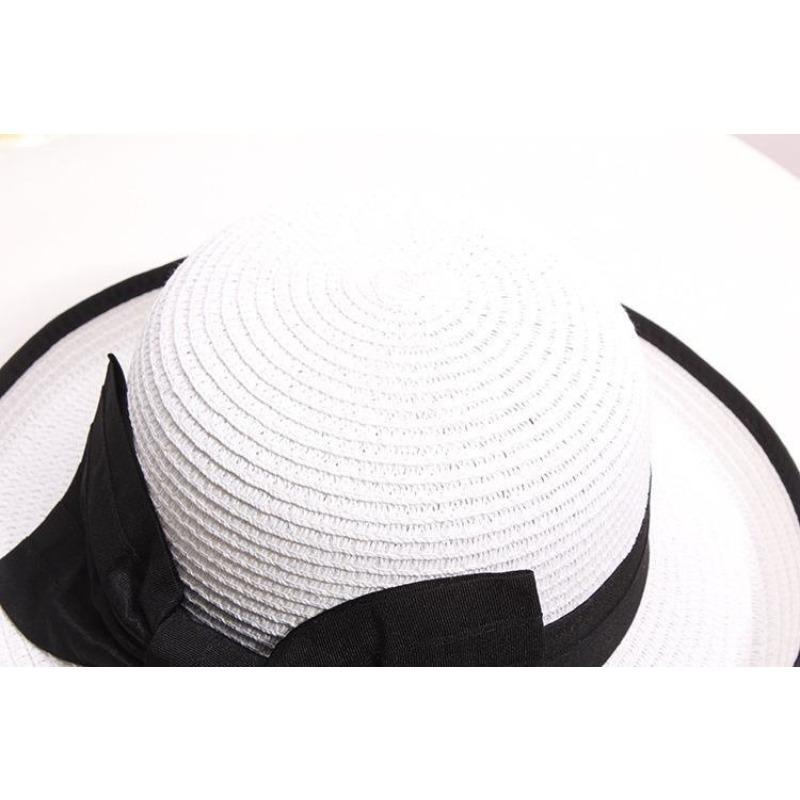 Elegant Straw Sun Hat with Black Big Bow - Wide Brim, White & Black Dome, Perfect for Summer and Formal Occasions,Tea Party