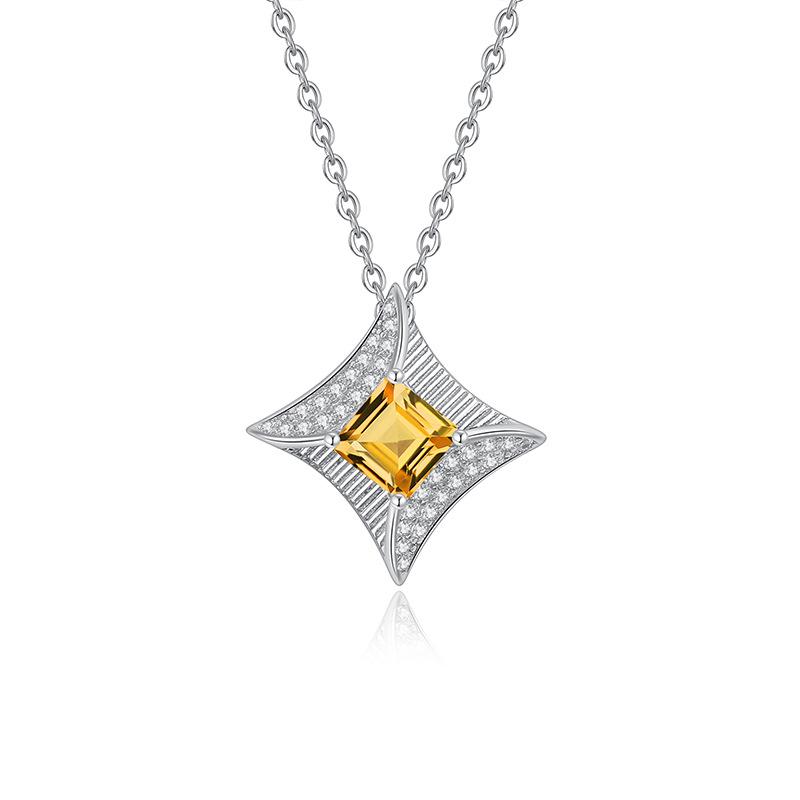 S925 reines Silber natürliche gelbe Granat Halskette, quadratischer Sternförmiger Kristall Anhänger, luxuriöser Schmuck mit gebürsteter Handwerkskunst, Geschenk