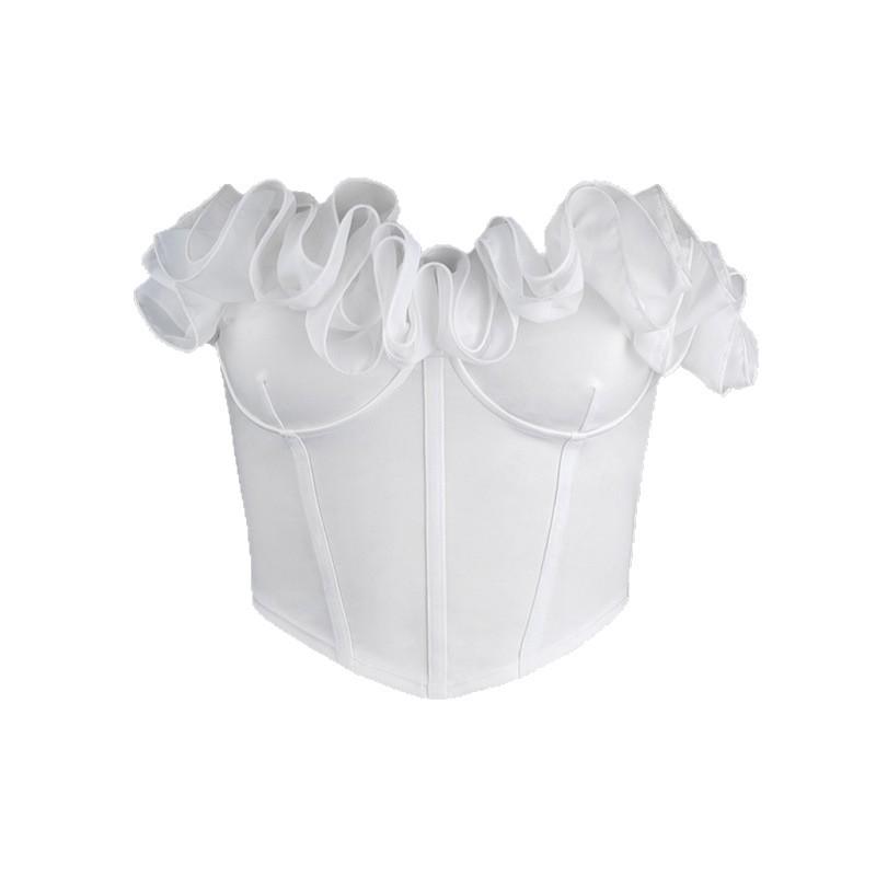 White Petal Edge Ruffle Bandeau: Retro Strapless Slimming Top