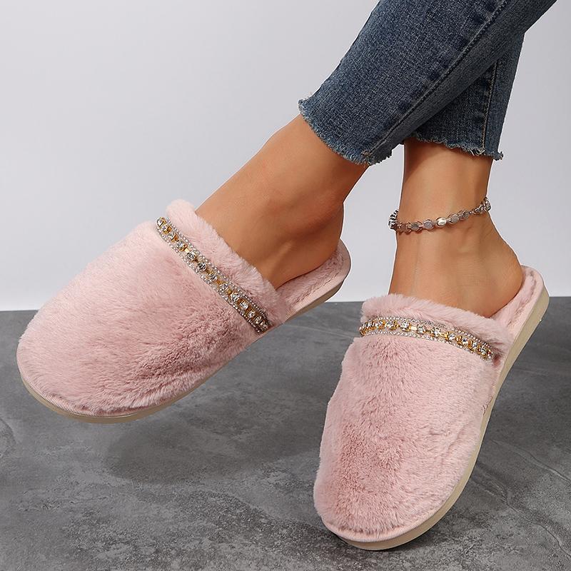 Bling Crystal Fluffy House Slippers for Women Winter 2025 Indoor Cozy Warm Fur Slippers Woman Flat Non Slip Plush Home Slides