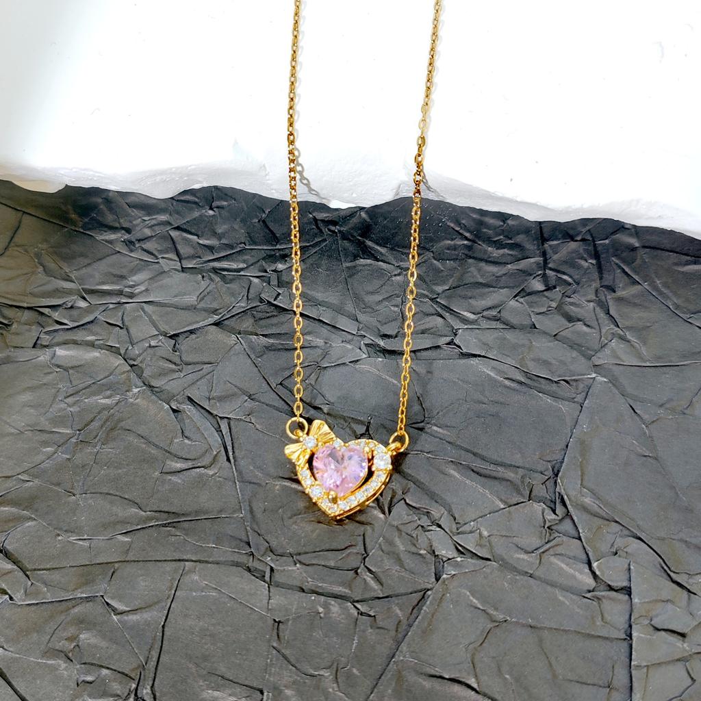 Pink Zirconium Love Necklace Women'S High-End Simple And Sweet Bow Heart Pendant Accessories