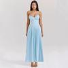 European and American French Blue Tube Top Long Dress Women's Design Sense Pleated Temperament Waist One-word Collar Banquet Dress