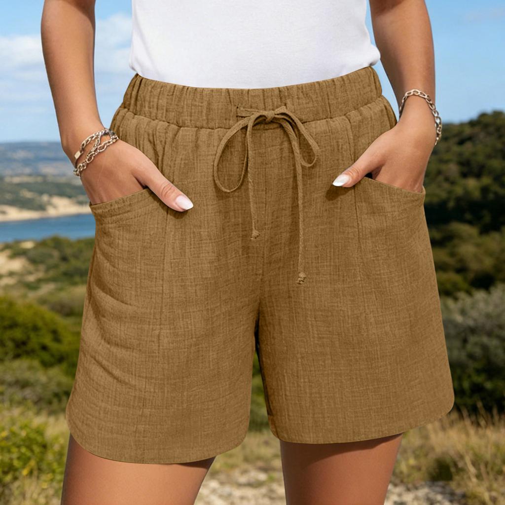 Women's Casual Linen Shorts Elastic Waisted Drawstring Summer Shorts With Pockets