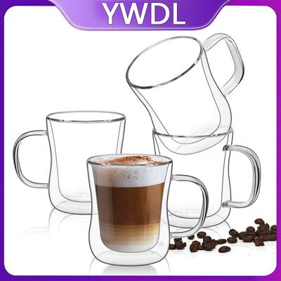 YWDL 220/300/400 ml doppelwandige Espressotassen aus Glas, durchsichtiger Kaffeebecher mit Henkel für heiße und kalte Getränke, Milch, Saft, Trinkgeschirr-Set