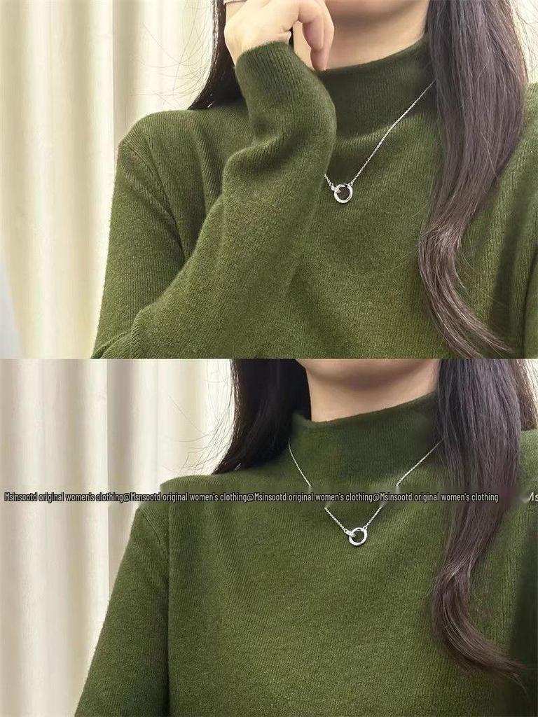 Olive Green Women's Slimming Knit Sweater - Autumn/Winter Half-High Neck Base Layer