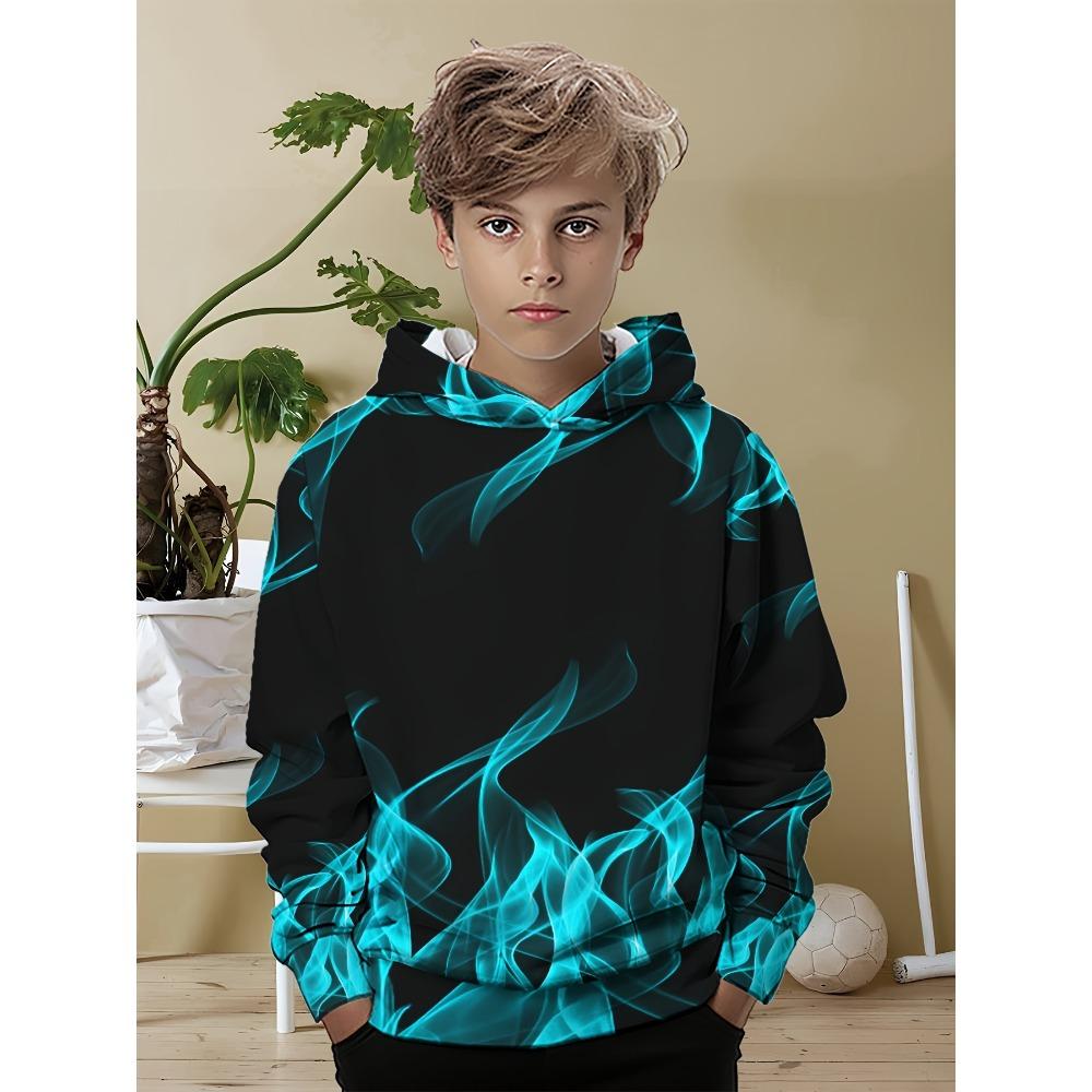 בגדי ילדים בנים קפוצ'ונים שרוול ארוך הדפס להבה תלת-ממדי בגדי ילדים אביב סתיו בגדים יומיומיים מסוגננים לבנים בנות טופים פולאובר