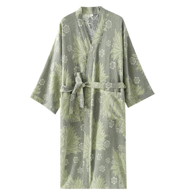 Women's Retro Jacquard Cotton Bathrobe: V-Neck Loungewear for Spring & Autumn, Kimono Sauna Suit