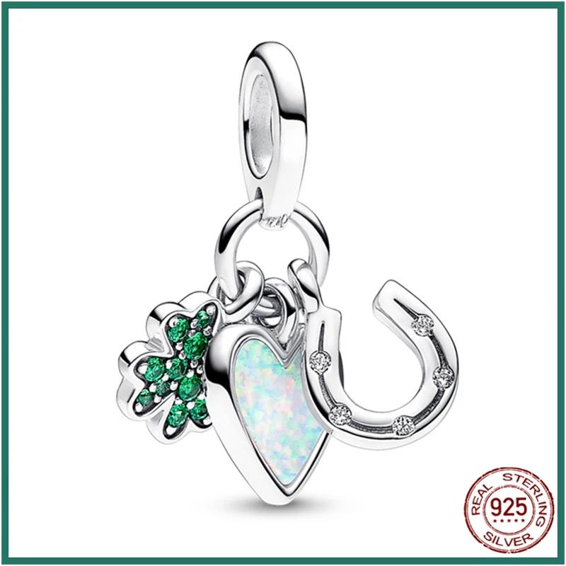 Original 925 Silver Seahorse Horseshoe Four Leaf Clover Pendant Beads Fit DIY Women's Necklaces Bracelets Jewelry Gifts