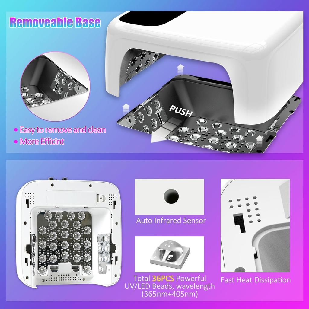 Cordless Rechargeable 72W UV LED Nail Lamp, Wireless Gel Dryer with Metallic Reflector & Base (White)