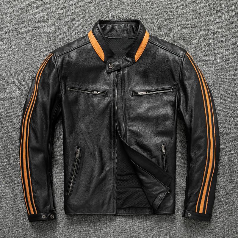 

Мотоциклетный костюм из чистой воловьей кожи, мужская кожаная куртка, костюм для езды, может быть оснащен защитной экипировкой, воротник-стойка, большой размер 5XL чёрный