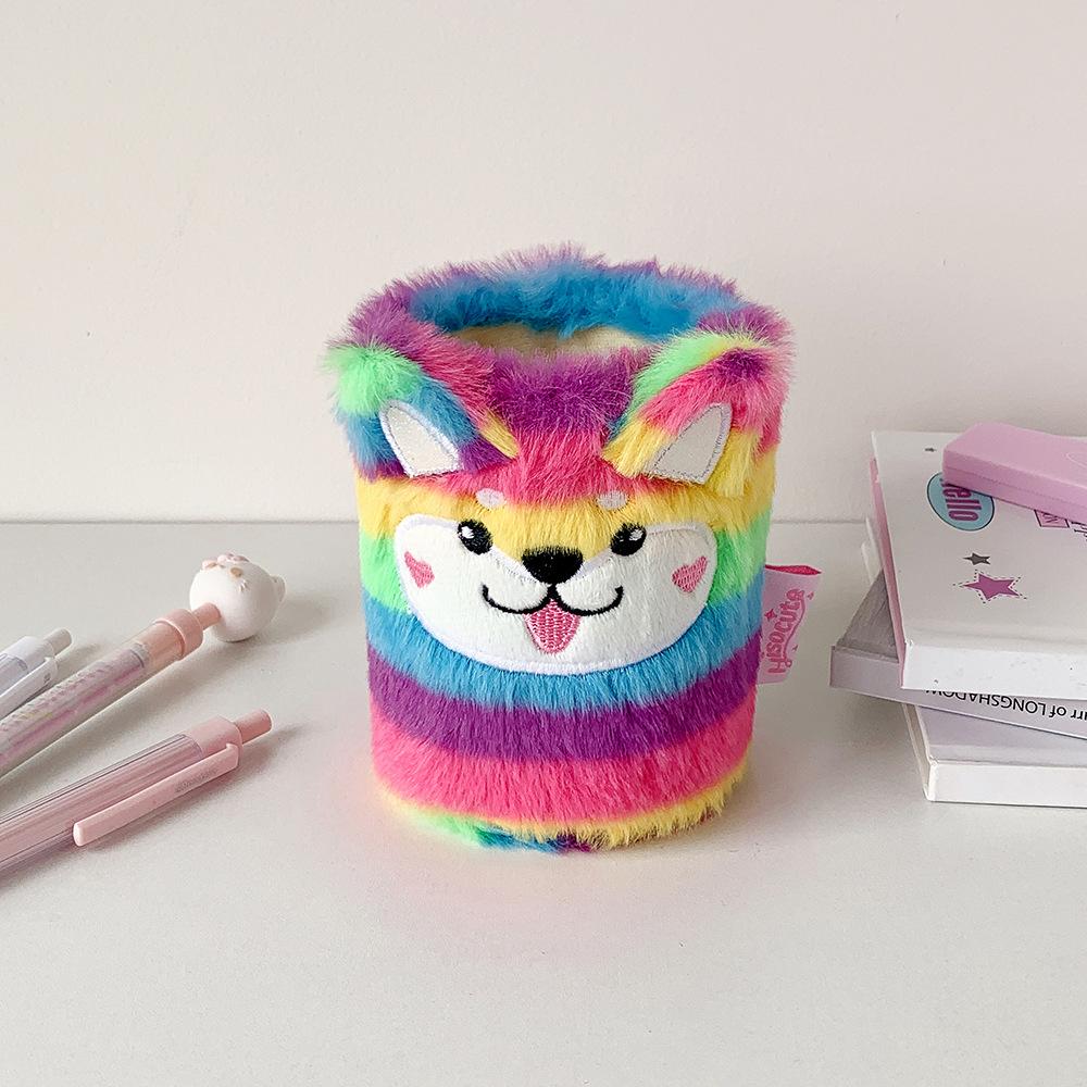 1 Piece Furry Cartoon Unicorn Pencil Holder for Kids Girl Cute Animal Kitten Puppy Sheep Desktop Organizer Makeup Brush Box
