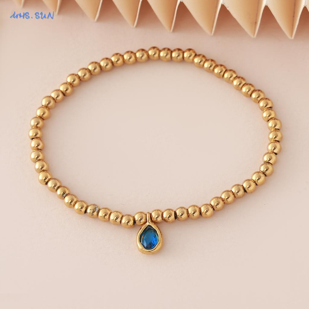 MHS.SUN Stainless Steel Gold Plated 12 Months Birthstone Beaded Bracelets For Women Men Zircon Water Droplet Charm Trend Jewelry