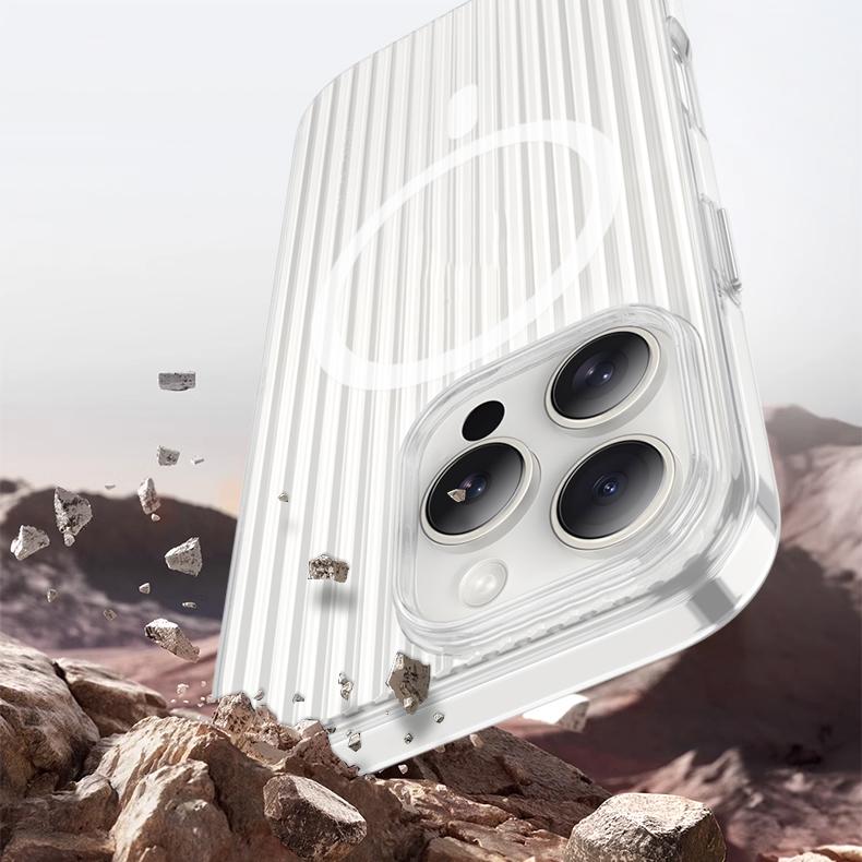 For iPhone 16 Pro Max Magnetic Case Corrugated Design Clear Hard PC Phone Cover