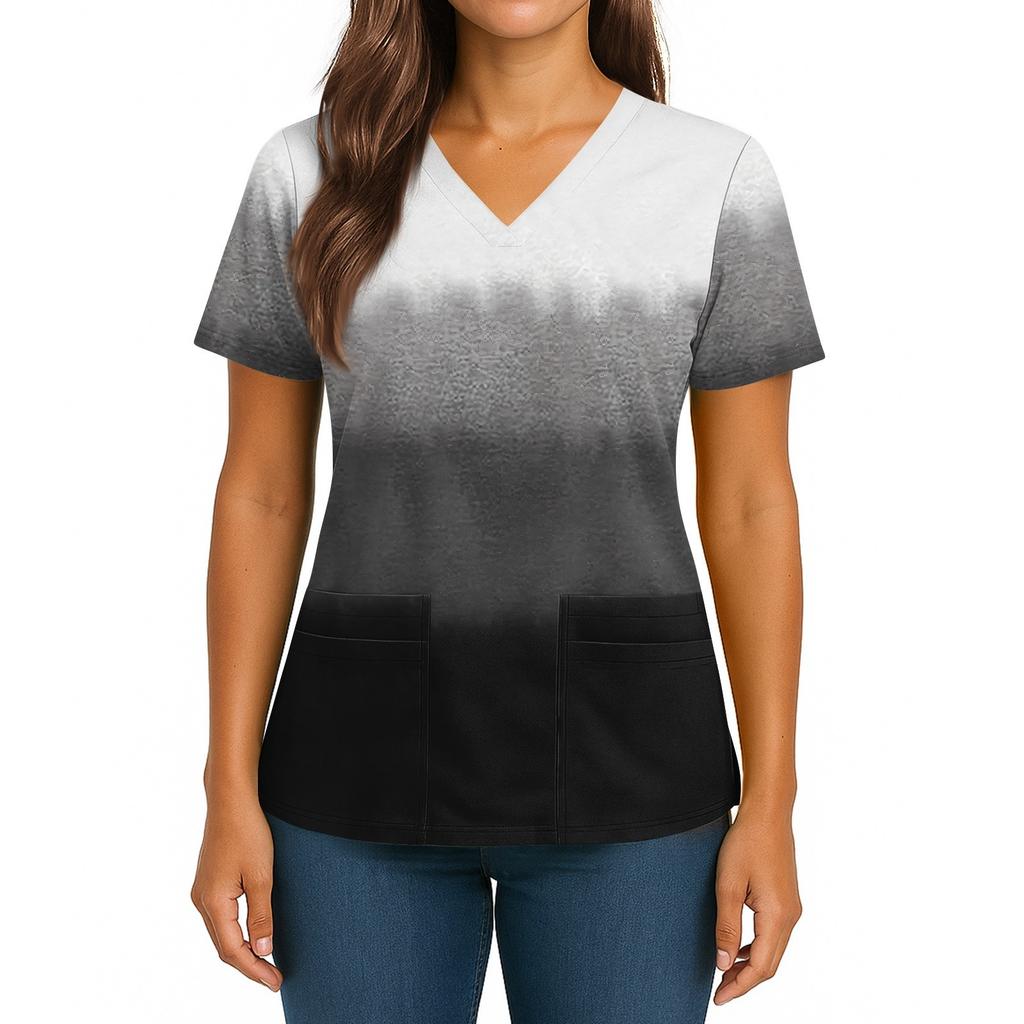 Women's Fashionable Printed V Neck Double Pocket Short Sleeved Shirt With Slit Hem Uniform And Worker Top