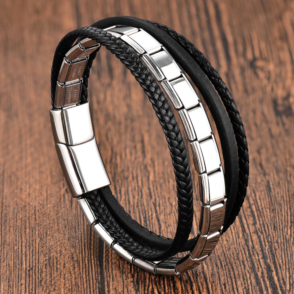 Black Leather Rope Cowhide Men's Double Layer Genuine Leather Woven Bracelet Handmade Multilayer Leather Chain Bracelet 2026