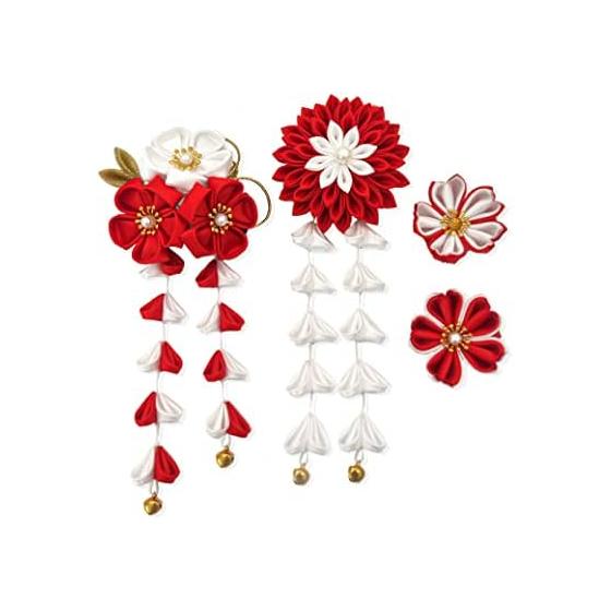 JZOON 4-Piece Silk Hair Accessory Set - Traditional Japanese Tsumami Zaiku Flower Ornaments with Bells - Red, Blue, Yellow (K5203) - Handmade Silk