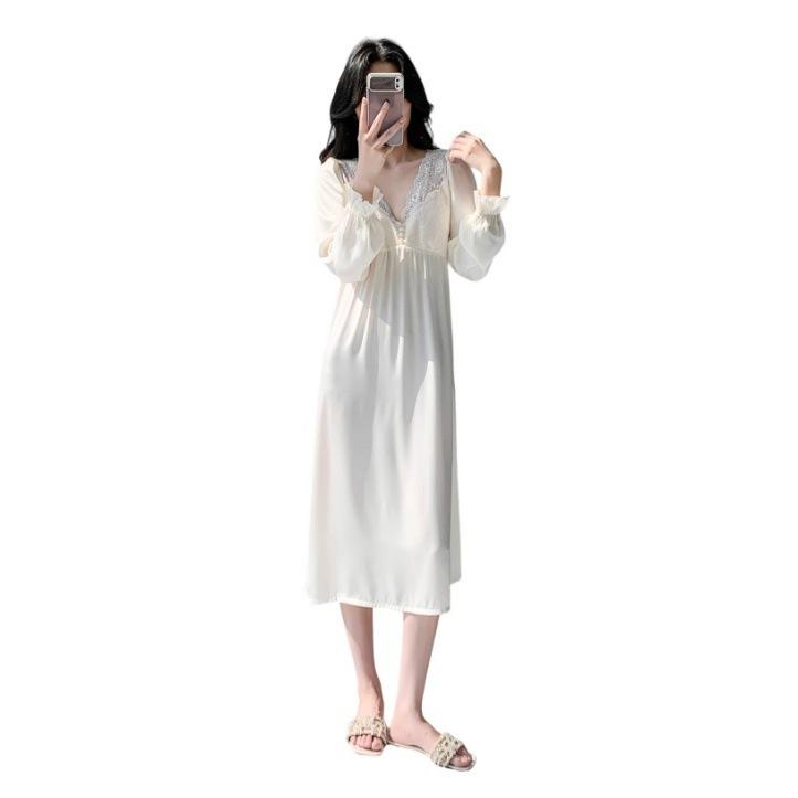 Spring and Autumn New Nightgown Women's Long-sleeved Splicing Home Loose Large Size Can Be Worn Outside Lazy Style Dress Pajamas Women