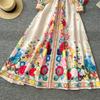 France Elegant Vintage Luxury Evening Dress Women Print  Button Long Party Dress Female Casual Chic Holiday Clothing