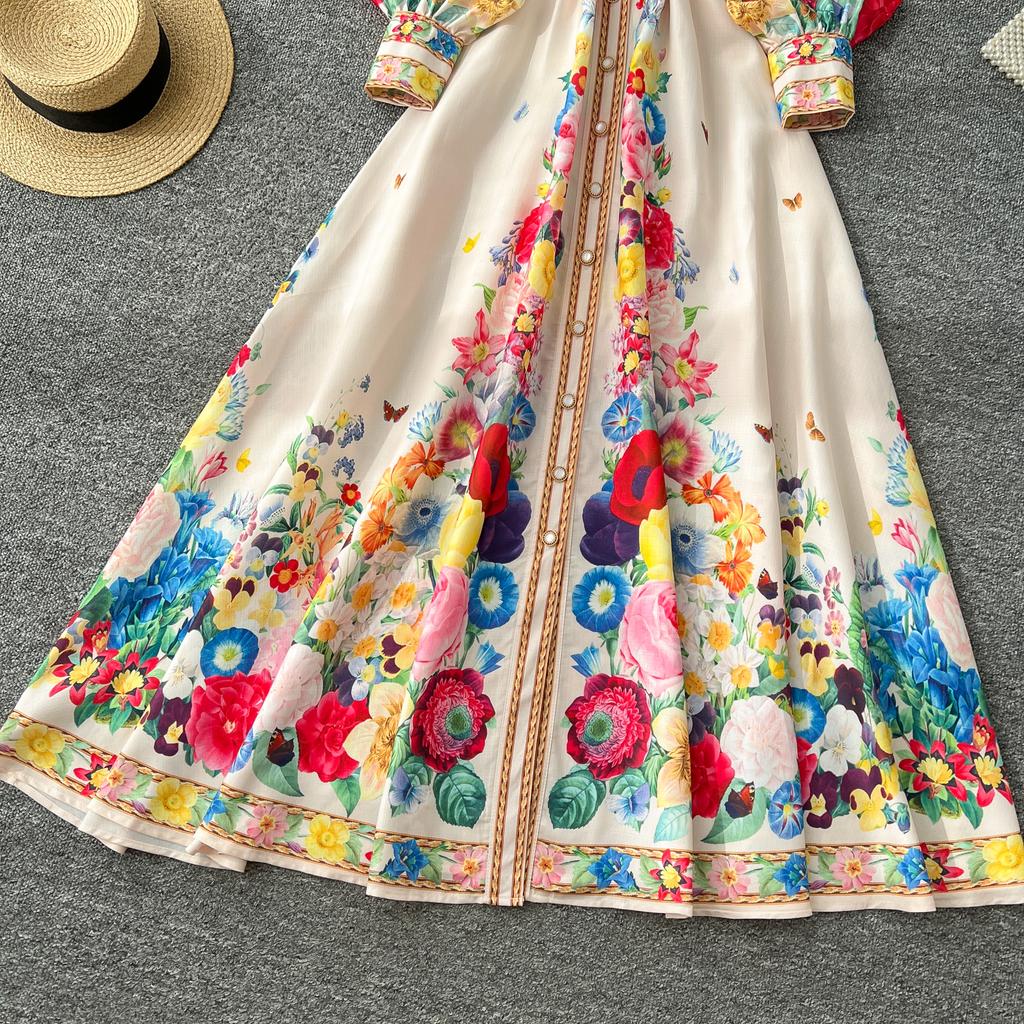 France Elegant Vintage Luxury Evening Dress Women Print  Button Long Party Dress Female Casual Chic Holiday Clothing