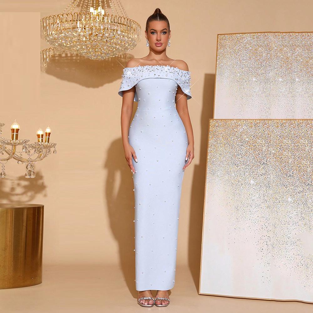 Elegant Pearl Beaded Rhinestone Off-Shoulder Bodycon Bandage Evening Dress