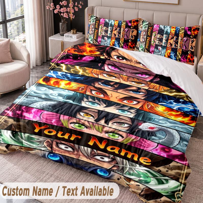 Custom Name Text 3Pcs Bedding Set Demon Slayer Duvet Cover And Two Pillowcases
