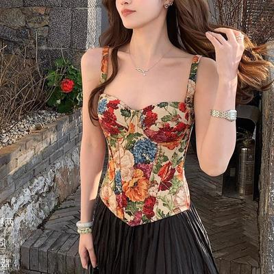 Débardeur Corset Jacquard Français à Chevrons - Ceinture Serre-Taille Florale pour Femme 25801