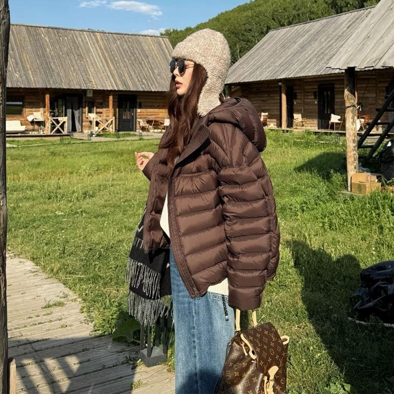 Women Winter Lightweight Down Coat Short Hooded Warm Puffer Jacket Thickened Quilted Outerwear