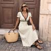 TikTok new French holiday style bubble sleeve polka dot lace V-neck dress