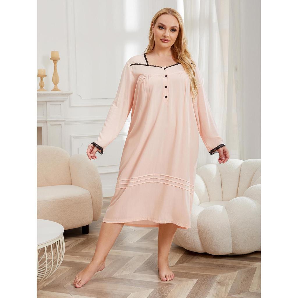 European and American large-size nightgown women's long fat mm lace edge thin long-sleeved loungewear pajamas