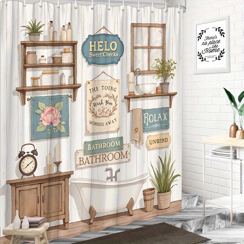 1pc Shower Curtain - Rustic Bathroom Scene with Shelves, Signs, and Vintage Decor Waterproof