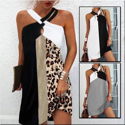 Sexy Halter Neck Leopard Patchwork Printing Mini sukienka letnia bez rękawów plaża sukienki na co dzień Plus rozmiar luźna tunika damska