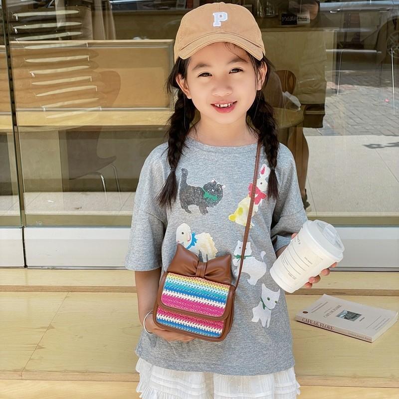 Trendy Woven Crossbody Bag For Boys And Girls Featuring Playful Color Combinations And Bow