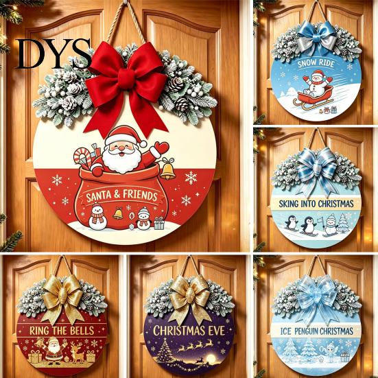 Winter Atmosphere Decor Christmas Wooden Welcome Sign for Front Door, Round Hanging Ornament with Santa Claus Snowman Art Artificial Pine Branches